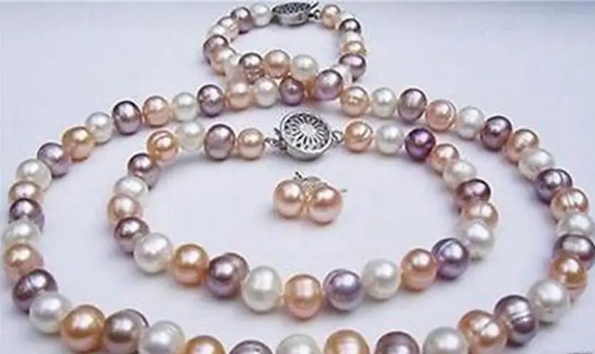 Šperky perlové sada 7-8 mm biela ružová fialová sladkovodná perlová náhrdelník + náramok + Earrin 7,5 palca Doprava zdarma