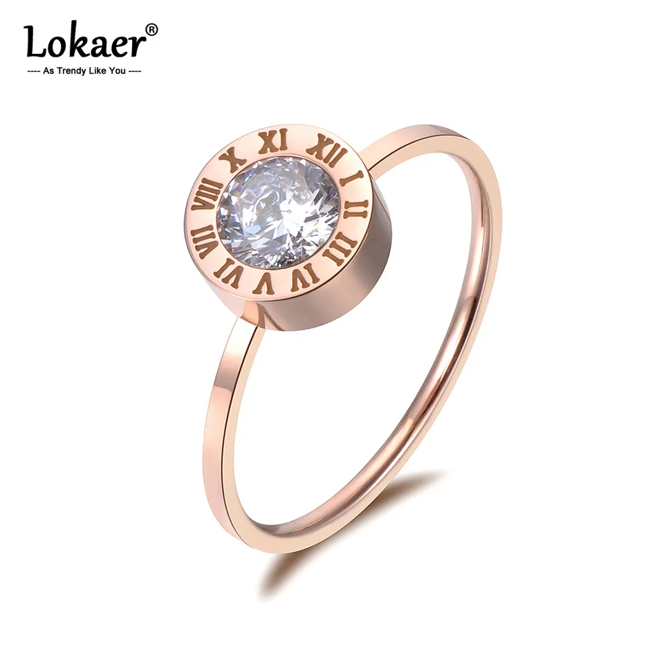 Šperky z nehrdzavejúcej ocele Lokaer Round AAA Zirkón Roman číslice Základné modely Anillos Mujer Rose Gold Color Rings R18139