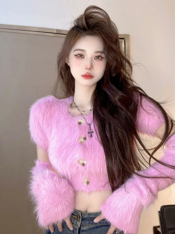 Špičkové ružové pletené orezané kardiganové ženy Y2K oblečenie Fluffy Mink Mink Slim Sexy Sweater Jeseň Streetwear Coat Top Spring mikrov