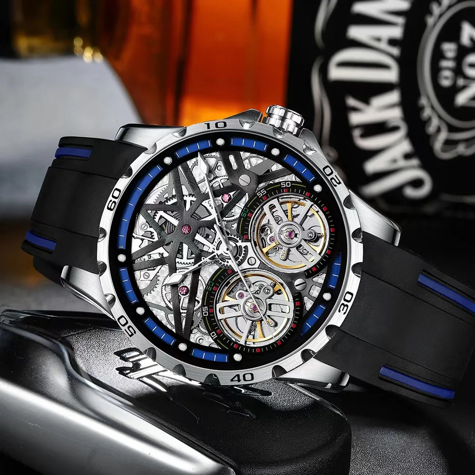 Športové automatické mechanické hodinky Pánske luxusné značky Mark Fairwhale Steel Clock Double Tourbillon Skeleton Wristwatch Man Gift