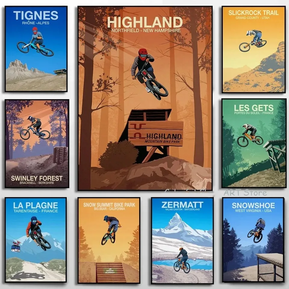 Športové horské bicykle Riding Canvas Painting Mtb Wall Art Obrázok Abstrakt cestovnej krajiny Mountain Biker Plagát Domáca výzdoba