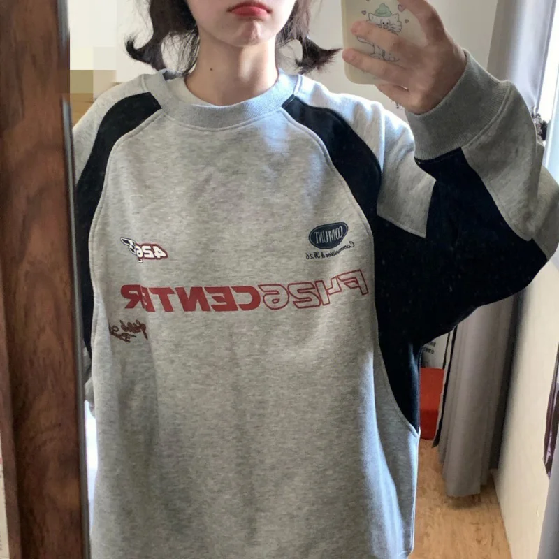 Športové neformálne tričko s dlhým rukávom Men Dámsky trend Grunge Grey Loose Loate Mikina americký retro farebný blokujúca výklenok