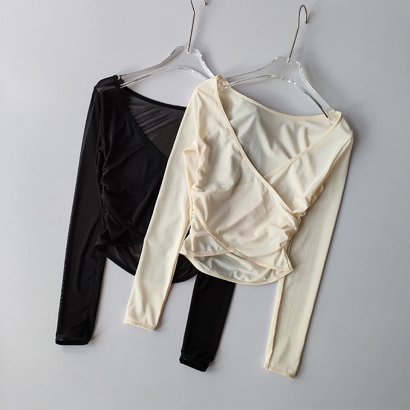 Športové tričko s v krku s priedušnou pukanou Prati Yoga Cross Cryps s dlhým rukávom Running Training Fitness Top Clothing