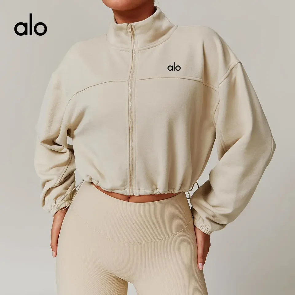 Športový kabát Alo Yoga mimo jesene a zimné nosenie teplého neformálneho voľného stojaceho goliera Mardigan Training Running Fitness Hoodie