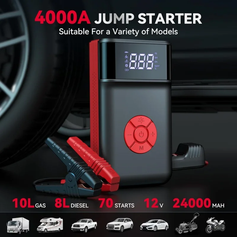 Štartér automobilov 4000a 24000 mAh Power Bank Prenosný 150 psi vzduchového čerpadla batéria Núdzové zosilňovače Štartovacie zariadenie Štartér automobilu