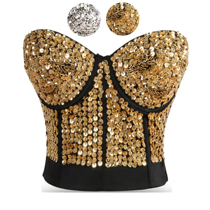 Štrajkujúce zlaté flitry a korálky s posiahnuté brušné tanečné podprsenky Top Sexy Bustier Underwear Women Bra Push Up Bralette Punk Rock Brassiere