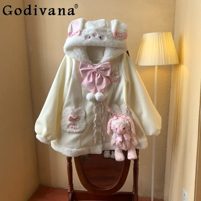 Študentka lolita zimný plyšový teplý kabát Ženy Dievčatá voľné roztomilé králičie uši bavlník na lachnutú sladkú teplú bundu Lady y2k Outwear