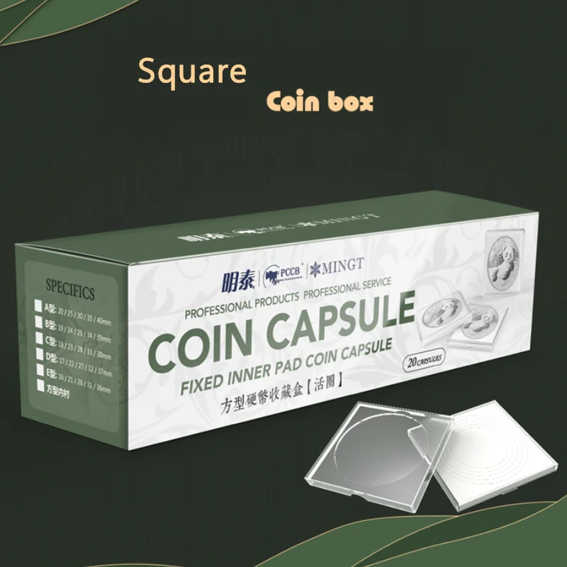 Štvorcová kapsula mince 20ks/box nastaviteľný vnútorný krúžok 16 ~ 40 mm PS Coin Box Pase PCCB/Mingt