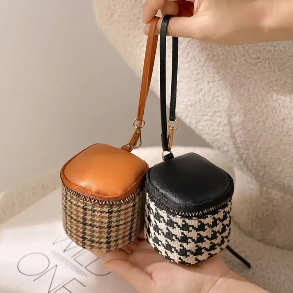 Štvorcová prenosná malá štvorcová minca Canas Canvas Velvet Houndstooth Zipper Peňaženka zápästie Kórejský štýl make -up taška dievčat