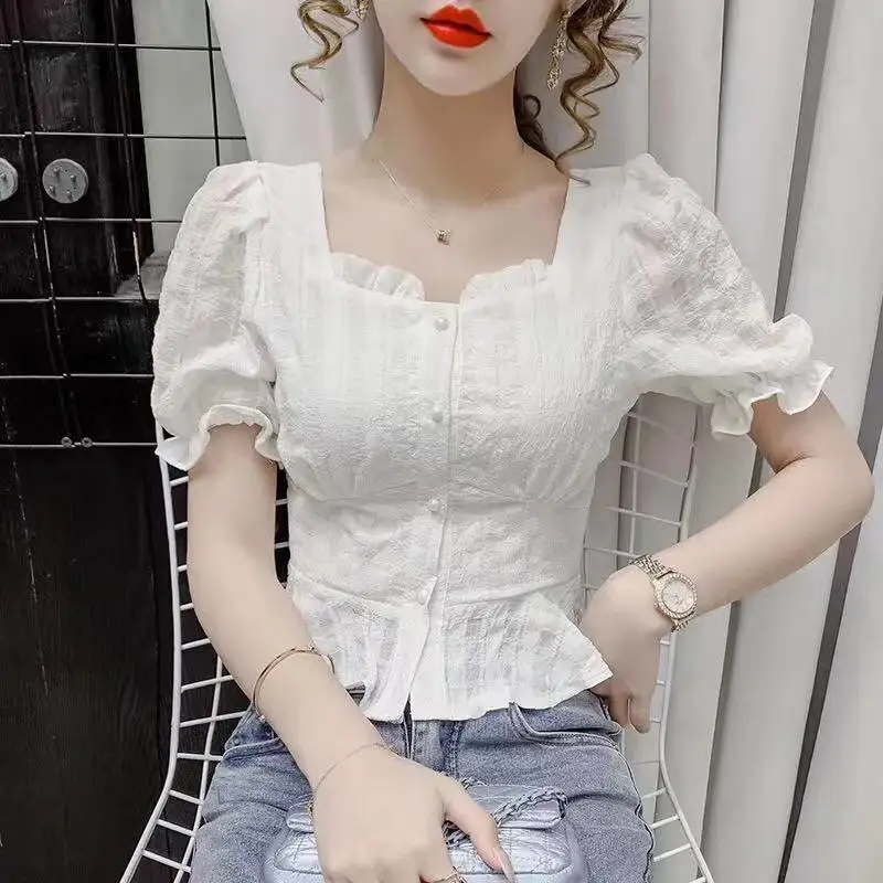 Štvorcové košele Ženy letné elegantné elegantné harajuku tunika Žena štíhly kórejský štýl Ropa Puff rukávy elegantné plodiny temperament cast