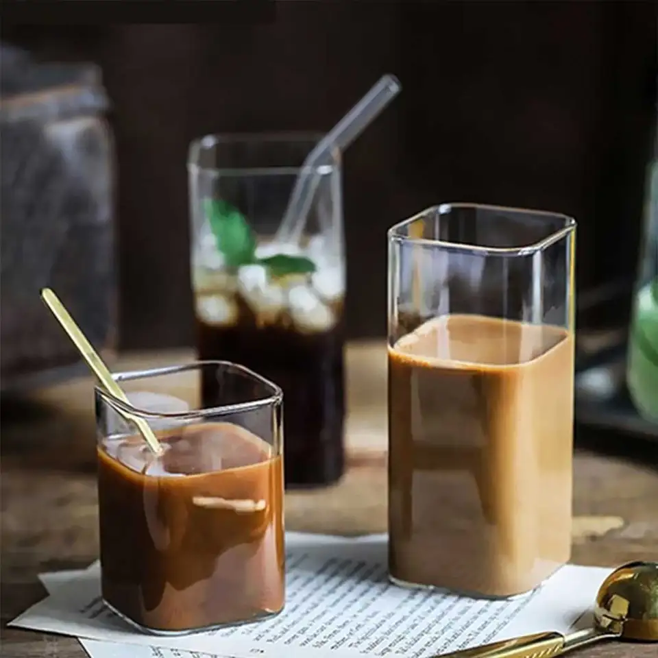 Štvorcový sklenený šálka kávu hrnčeka rezistentná na vodu s vodou pohár na víno Priehľadný čajový hrnček na pitie mlieka Beertea Juice dezert