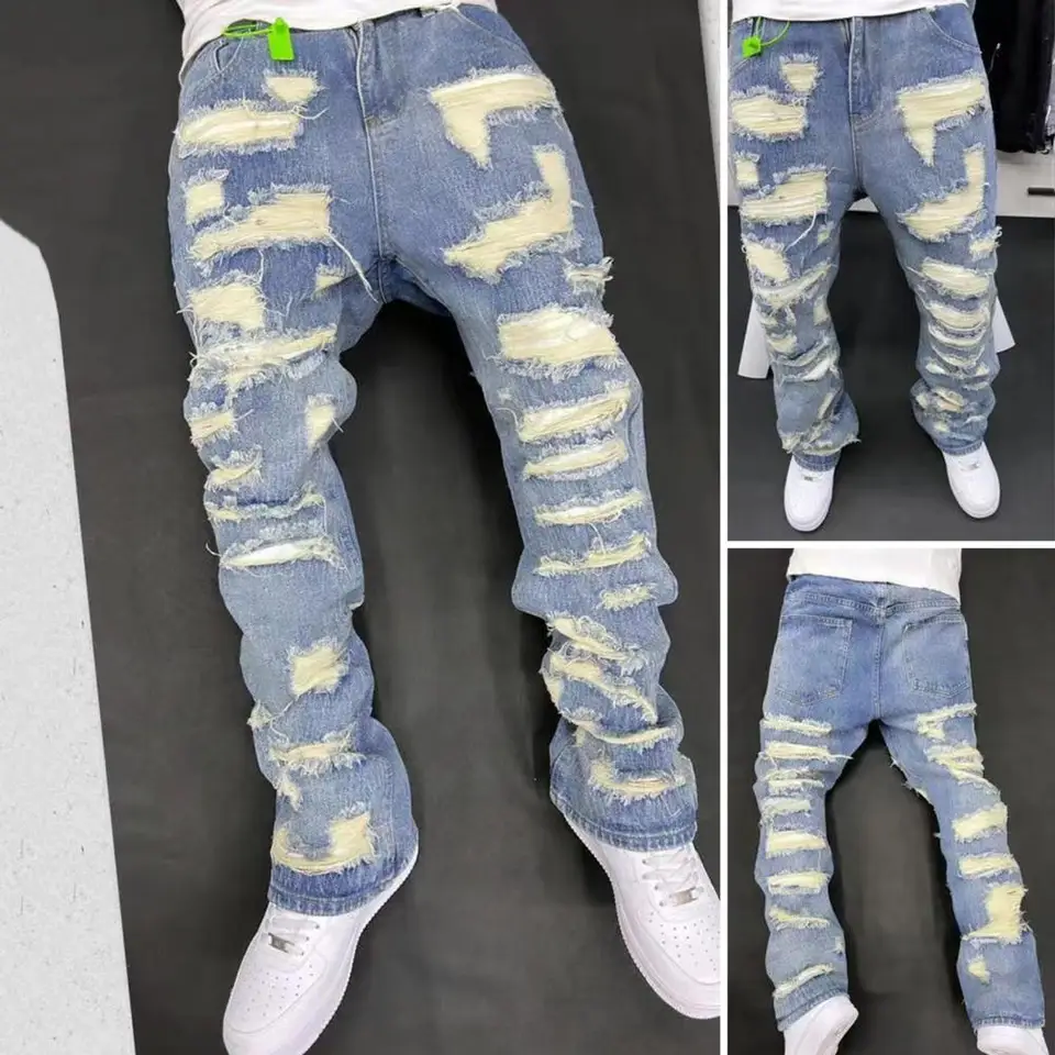 Štyri vrecká muži džínsy Vintage zúfalé džínsové džínsy pre mužov s vreckami High Street Style Straight-Leg Prany Washed Retro