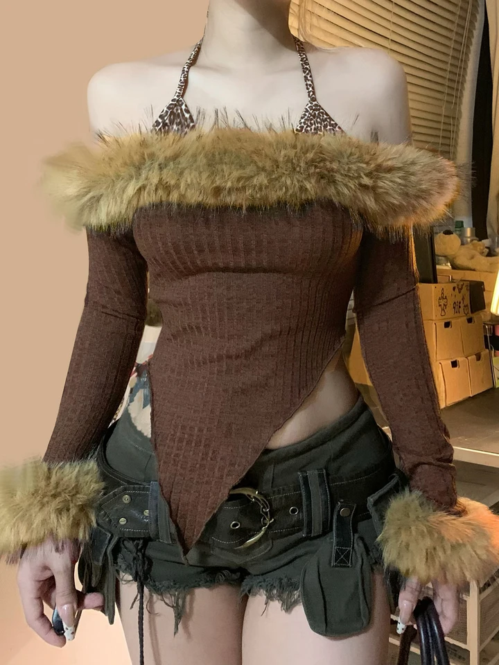 Štíhle Fit Sexy Halter falošný dvojdielny dámske topy módne patchwork faux lomítko golier dlhé rukávy na jeseň blúzky