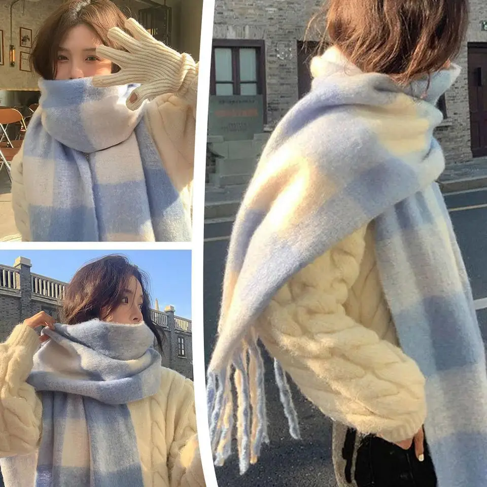 Štýlová kórejská inšpirovaná modrá a biela kontrolná vzorka Plaid Sath Soft Polyester Fiber Winter Shawl pre chladné počasie