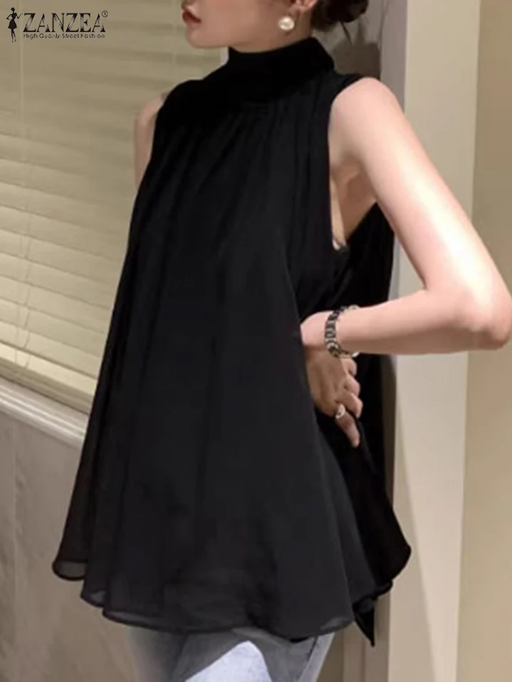 Štýlové ženy bez rukávov Tops To Tops Zanzea letná sviatočná blúzka Elegantná pevná košeľa A-line večierky ženské blusas tunikové streetwear