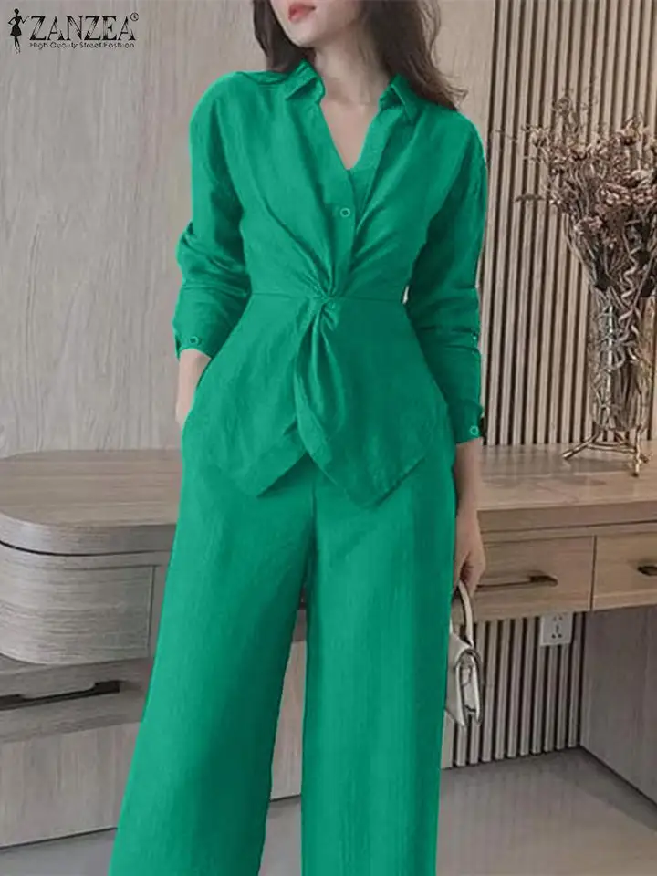 Štýlové ženy klopne krk s dlhým rukávom Blúzka Ol Pant Suits Zanzea Elegantná kancelárska práca zodpovedajúca súpravy Široké nohavice Nohy obleky 2ks