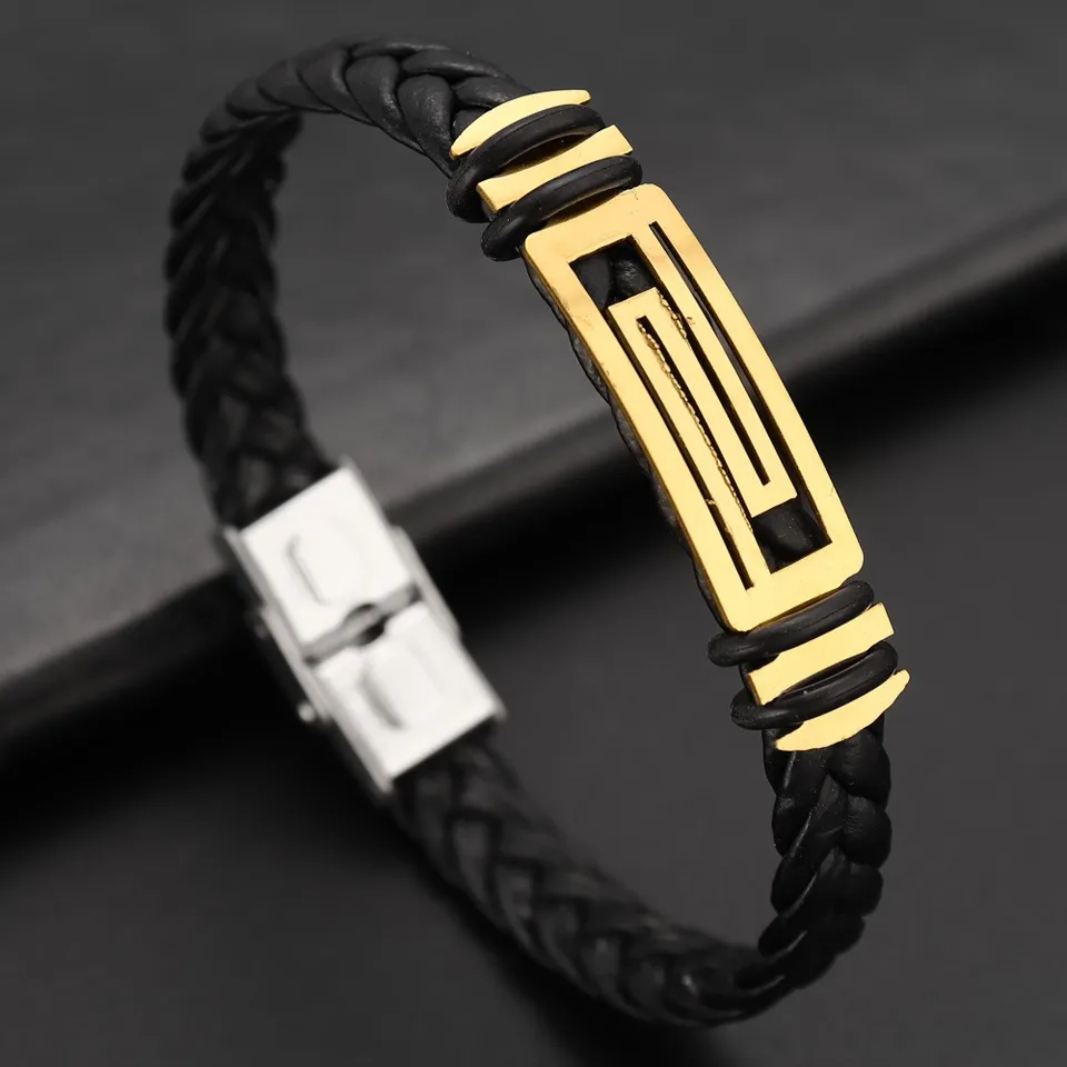 Štýlový geometrický vzor z nehrdzavejúcej ocele Buckle Pár Punk kožený náramok hip hop sviatočné darčeky Darčekové doplnky