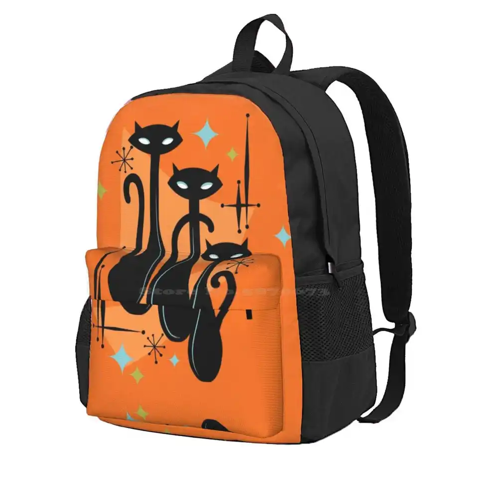 Šumivo oranžový atómový vek Čierny kýčok Cat Cat Trio Trio Hot School Schoolbag Batoh módne tašky Čierne mačky vintage oranžový priestor