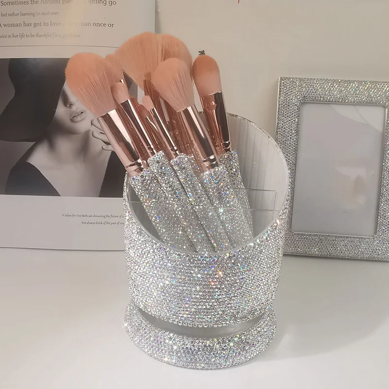 Šumivý kamienok na make -up kefu Storage Box Rotujúca ceruzka držiak na pracovnú plochu