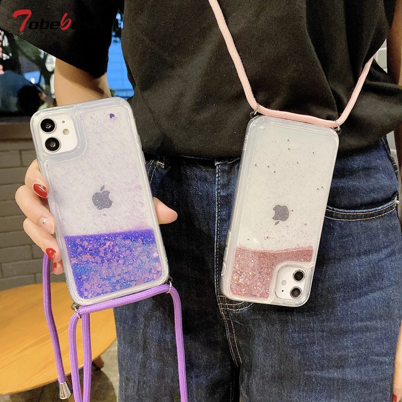 Šupný reťazec šnúrky Lanyard Glitter Liquid Silikone puzdro pre iPhone 12 Mini 11 Pro x xs xr xs max 8 6 6s plus dynamický vodný kryt