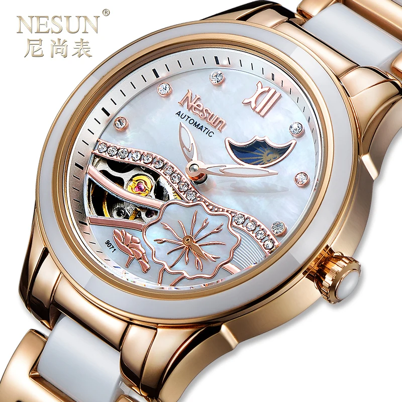 Švajčiarsko Nesun Luxury Brand Automatické mechanické dámske hodinky vodotesné mesačné fáza Skeleton módne dámy hodiny N9071L