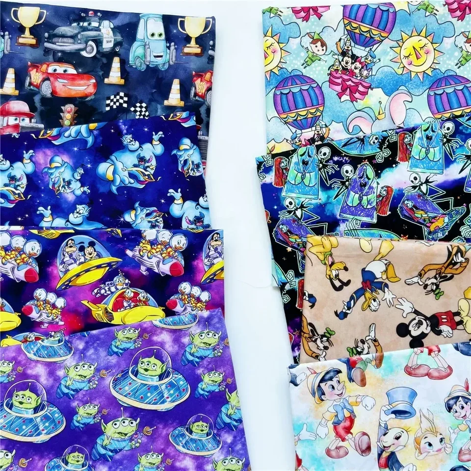 Šírka 145 cm Disney Cartoon Aladdin Stitch Donald Duck Alien Cars Poplin Cotton Tkanina DIY ručne vyrábaná košeľa nohavice posteľná bielizeň