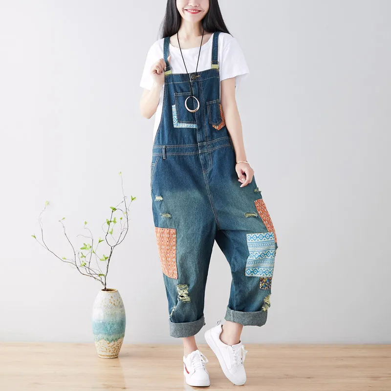 Šírka džínsy roztrhávané kombinézy Ženy zúfalé diera džínsové nohavice členok dĺžky Jean voľné vintage vrecká Streetwear zostrihané