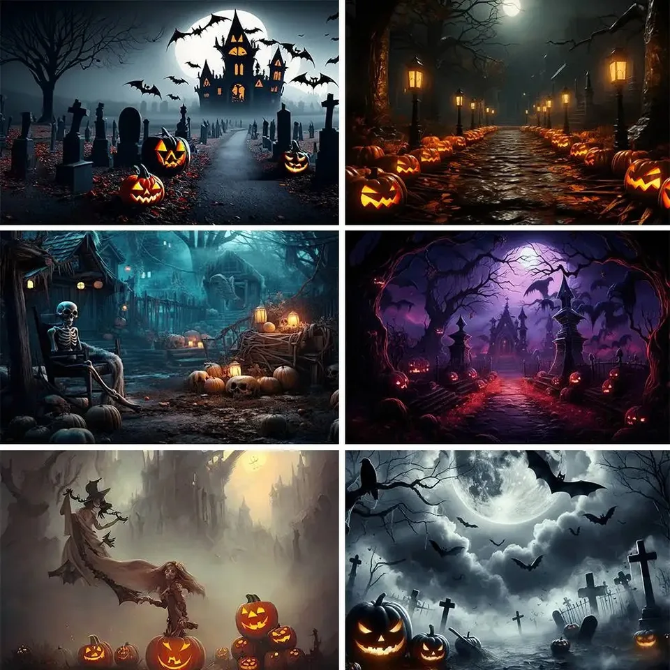 Šťastné pozadie Halloween pre horor Night Moon strašidelný cintorín čarodejnica hrad tekvica rodinná portrét Photography pozadie