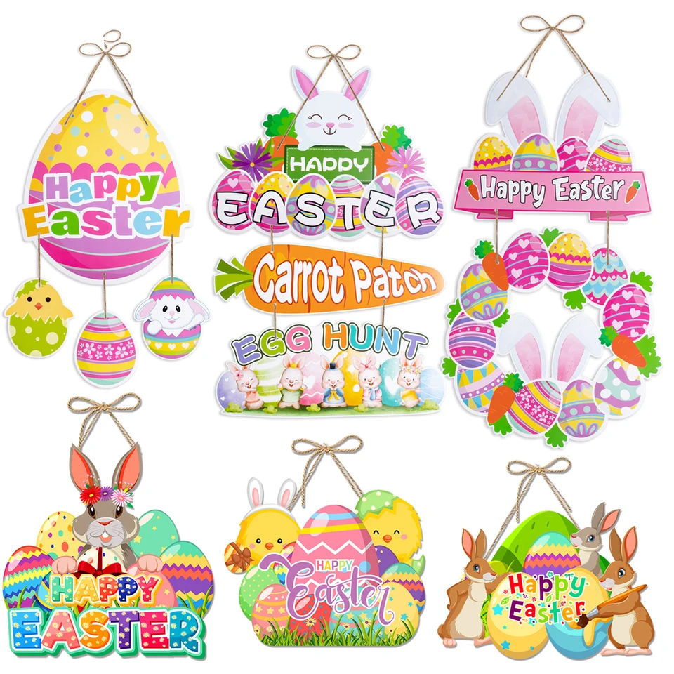 Šťastné veľkonočné dekorácie Dvere Prívesok Papier králičie vaječné vaječné vajce Vítané znamenie zavesenie ozdoba Veľkonočné vajíčko Hunt Spring Party Decor Decor