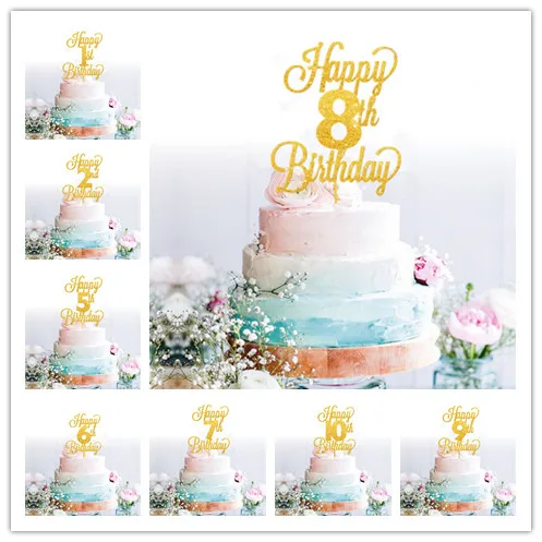 Šťastný 1., 2., 3., 4.-10. detské deti narodeninová torta Topper Torta Topper Dojčenská sprcha koláč zdobenie Glitter Gold