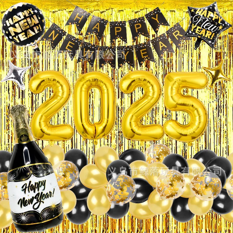 Šťastný nový rok 2025 Balóny zlato číslo 2025 Fóliové balóny Happy Nový rok listy Balón Banner zlato Silvester Decor Party Decor Decor