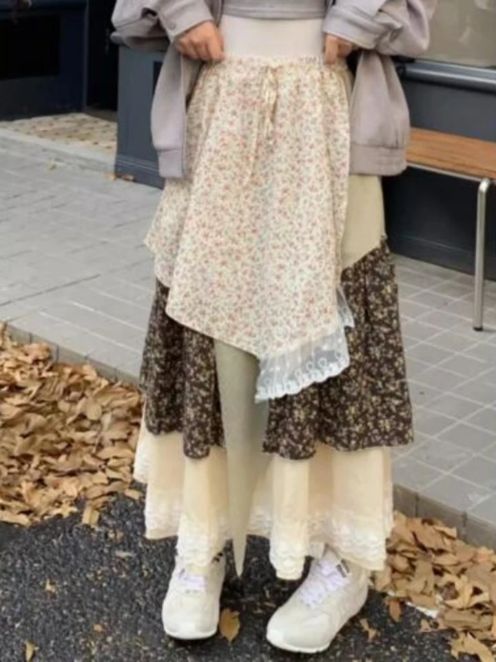 Ťažké vinobranie patchwork kvetinová tlačová sukňa pre ženy Y2K High Pase Loose sukne 2025 Jeseň New Ruched Cake Faldas Mujer