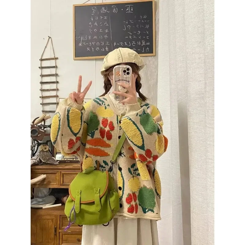 Ťažký priemysel Jacquard Sweater Dámske oblečenie Spring a jeseň nový lenivý štýl retro voľný príležitostný pletený pletený sveter