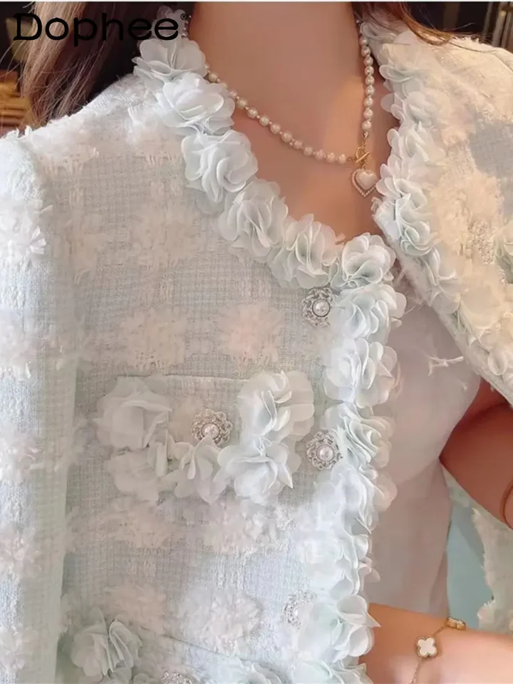Ťažký priemysel korálky sladké 3D kvetina kawaii lolita vlnený kabát Ženy padajú zimné francúzske temperament socialit zelená tvídová bunda