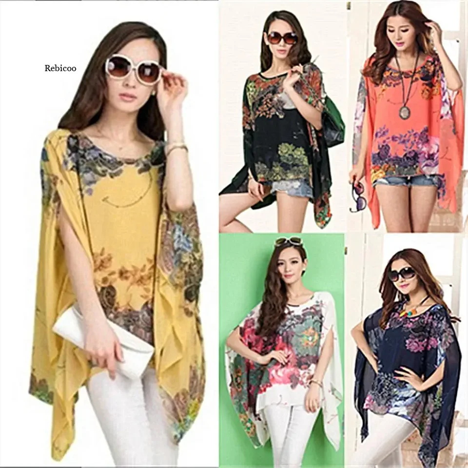Žena batwing rukáv číre šifónové tričko Bohemian kvetinové tričko Veľká blúzka