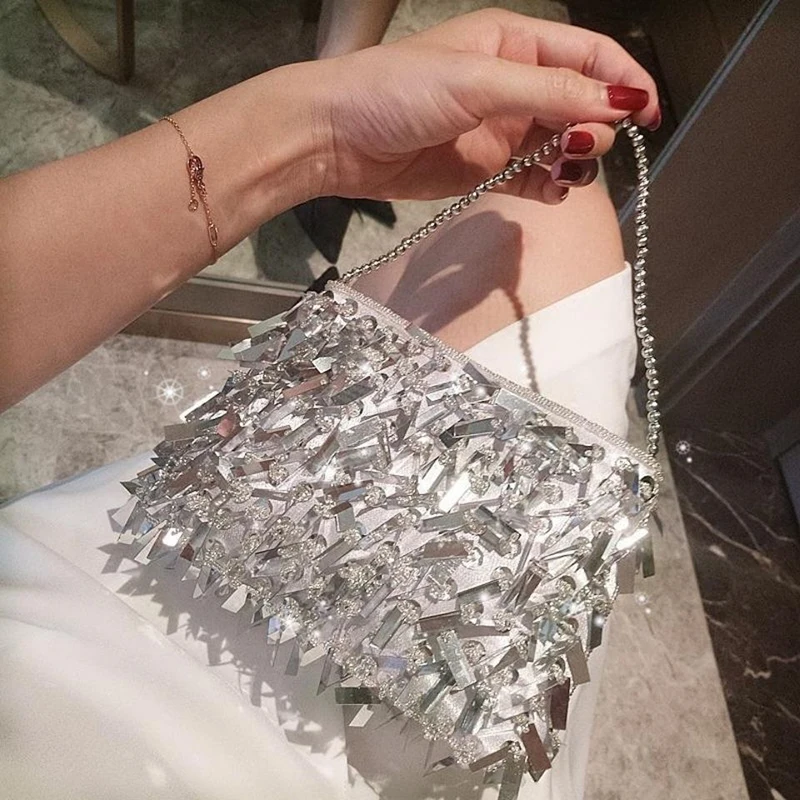 Žena bling flotin reťaz Party Crossbody Bag Ladies Mini kamienok s malými obálkami ramenné kabelky Messenger Ženy Večerná taška