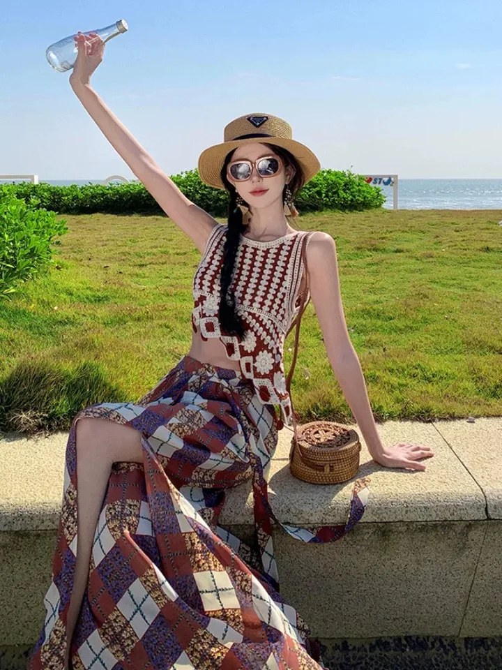 Žena Bohemian Beach Prázdnina 2ks súpravy obleky Lady Asymetrické pletené nádrže Camis Vintage Rhombus Plaid Plaid Netggs Pants Pants Sety
