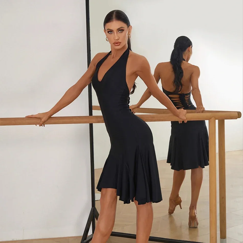 Žena latino tancujúca handrička bruško tango Performance kostým V krk holý zadný lotos dizajn latinské tanečné šaty