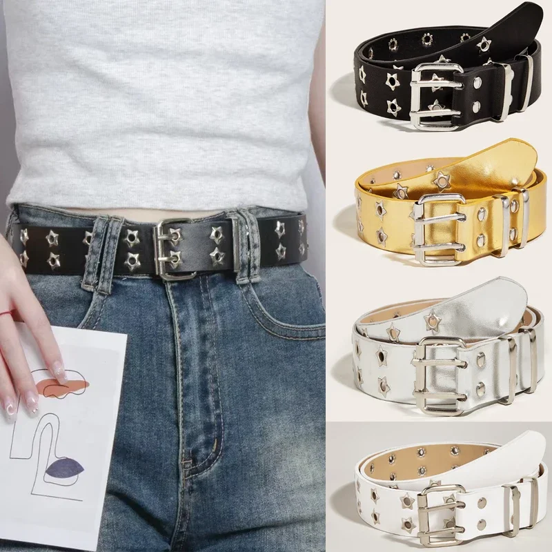 Žena muž Goth punk hviezda NIVET Y2K STYLE Dvojitá kolík pracka móda PU kožené kožené džínsové džínsy košele oblečené šaty pás