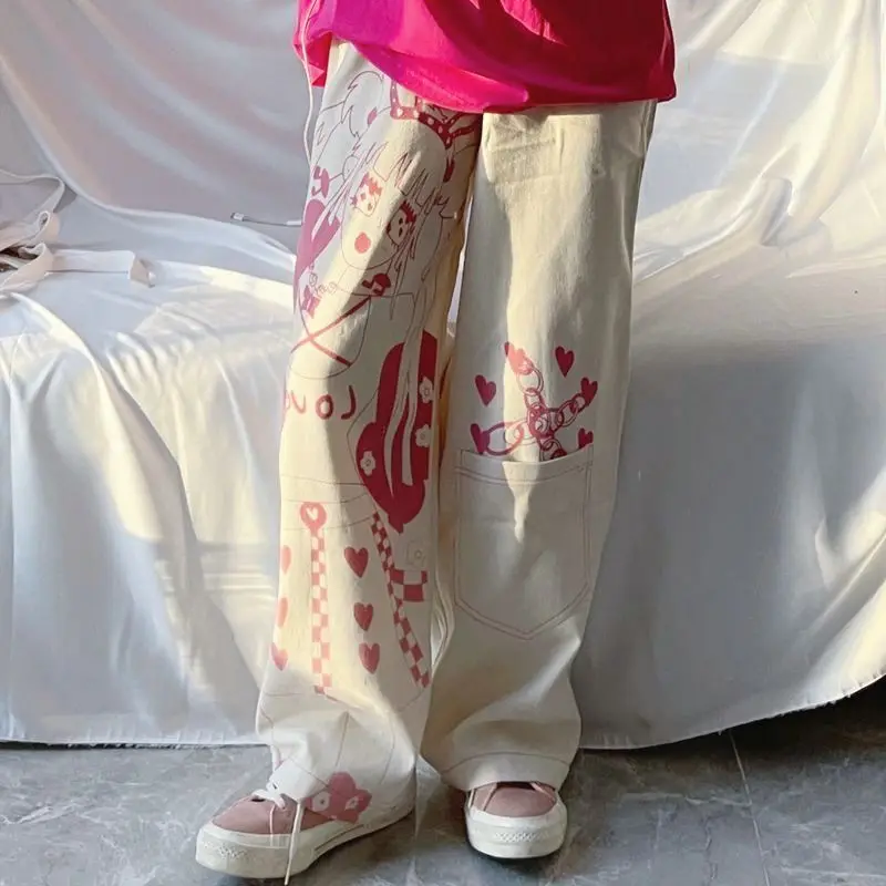 Žena ružová tlač harajuku streetwear e široké nohy letné nohavice oblečenie pre y2k anime oblečenie nákladné nohavice nohavice Žena