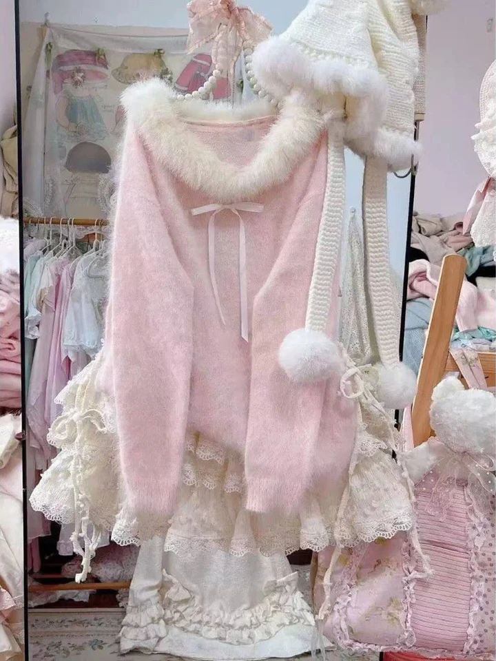 Žena sladký kawaii 2 -dielna sada Horúce grily s dlhým rukávom voľný sveter + Y2K Mini Cake sukňa jesenná ležérna kórejská módna súprava