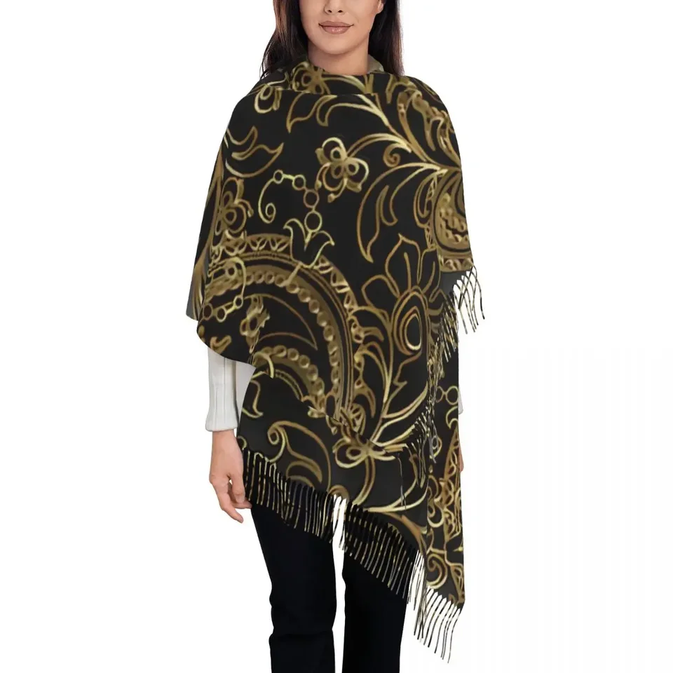 Žena veľká thuth vintage 3D zlato a čierne kvety paisley listy šatky Ženy Zima hrubý teplý šatový šál šál