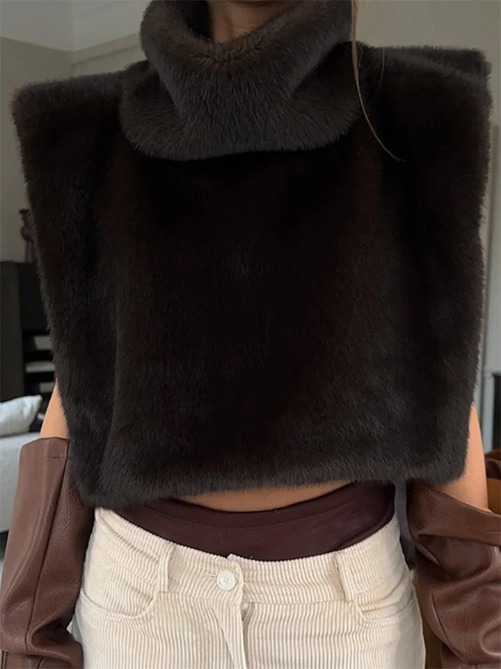Ženská faux srsová šatka vesta bez rukávov Turtleneck pevná farebná nádrž
