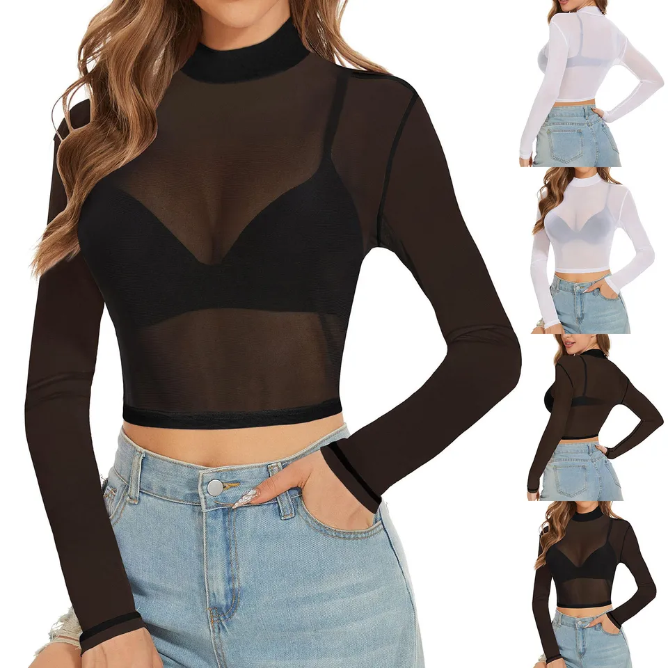 Ženská jarná letná pletivo Top Tirk Sexy košele s plným rukávom tenké tričko o ne-neck