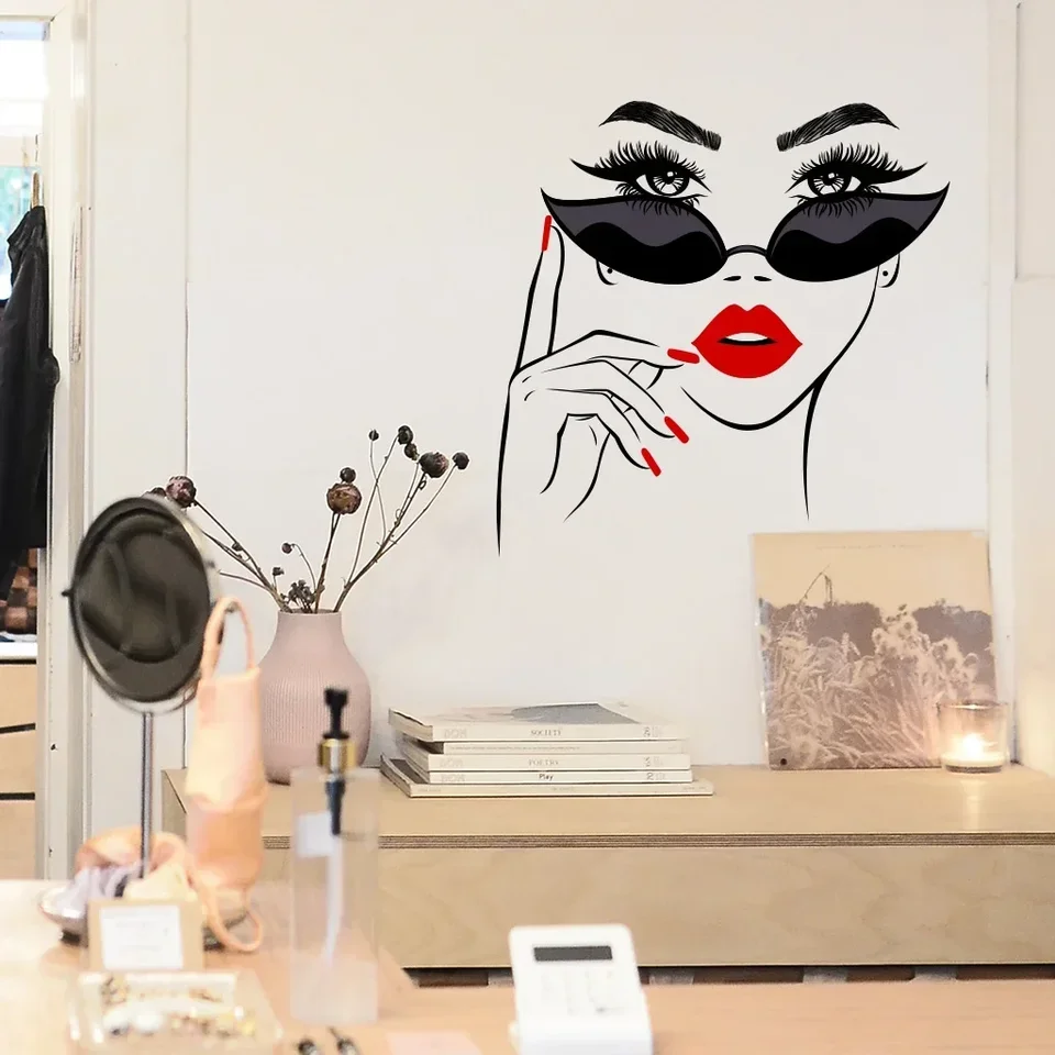 Ženská tvár krása vinylová stena Nákladové kozmetické kozmetické štúdio Stupeň dverí Kozmetický make -up stena Strepka Nálepka Nálepka Odnímateľná odnímateľná dekorácia salónu