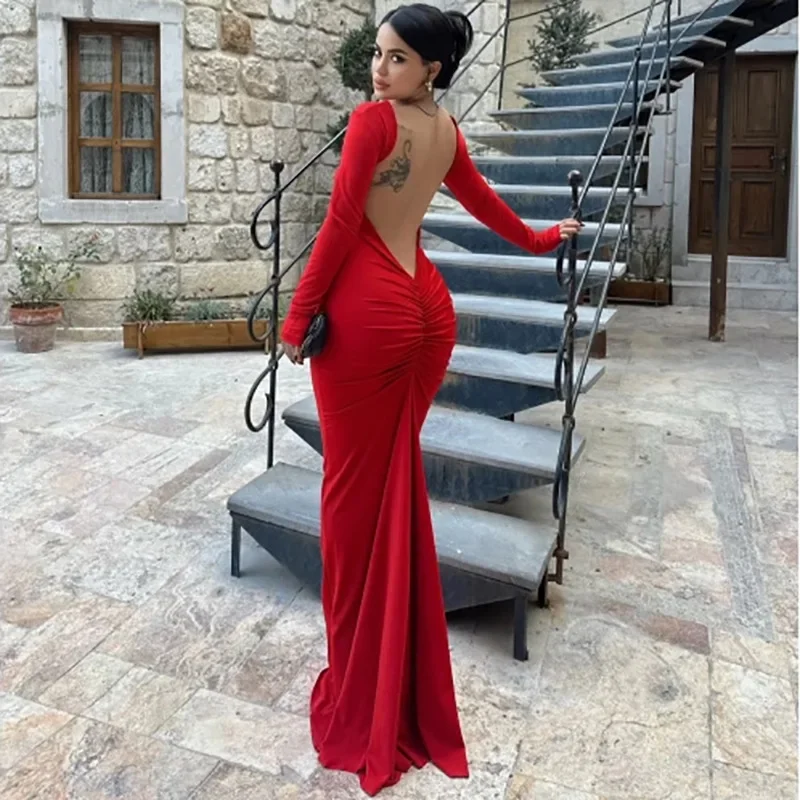 Ženská červená módna dochádzka banket ins Slim s dlhým rukávom bez backless sexy balenie bedrové šaty