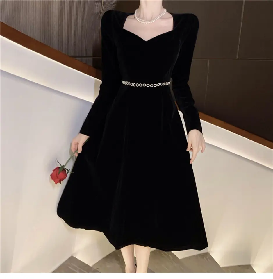 Ženské banketové čierne zamatové šaty jesenná zima Nový štýl s dlhým rukávom narodeninová oslava Žena s vysokým pásom Slim Fit Vestidos