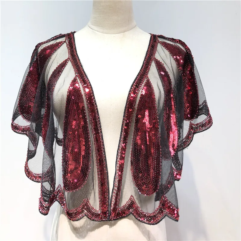 Ženské dvadsaťjathers šál korálkové flitry Deco Evening Cape Bolero Flapper Cover Up Gatsby Temered a Svadba šatky večerné šaty