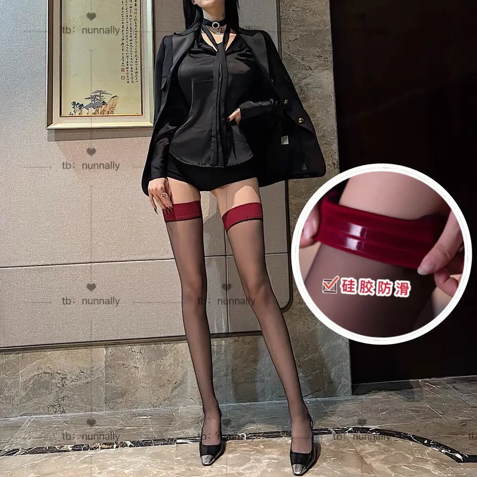 Ženské pančuchy Sexy priehľadné čierne červené pančuchy s no-šmykľavou kremíkovou jarou letnou tenkou rybárskou siete Pančičky
