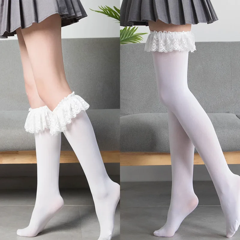 Ženské ponožky čipky roztomilé čierne biele zamatové dlhé ponožky Sexy lýtkové ponožky Knee vysoké ponožky Cosplay anime Ruffle nylon pančuchy